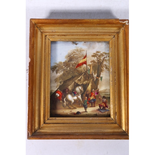 292 - 19TH CENTURY SCHOOL Encampment with figure gambling and trumpeter Oil painting on Berlin style porce... 