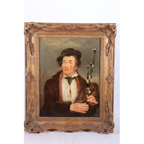 301 - 19TH CENTURY SCOTTISH SCHOOL The Piper Oil painting on wooden panel, unsigned, 31cm x 24cm, frame 42... 