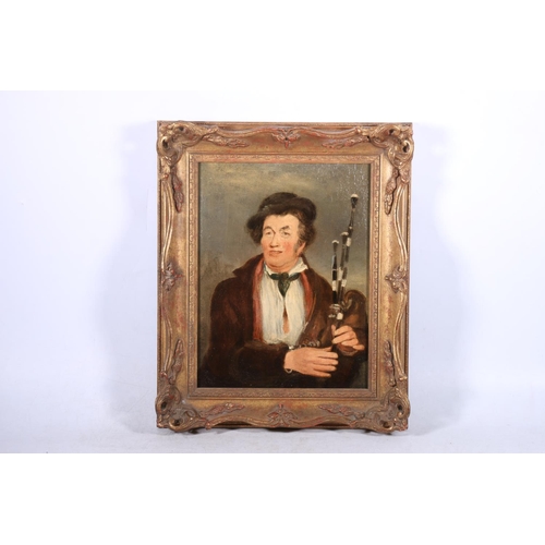 301 - 19TH CENTURY SCOTTISH SCHOOL The Piper Oil painting on wooden panel, unsigned, 31cm x 24cm, frame 42... 