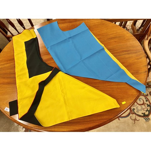 264 - Two Ede and Ravenscroft academic hoods, yellow gold with red trim and sky blue with gold/yellow inte... 