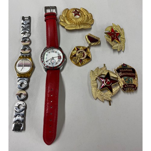 154 - Assorted Russian badges, ladies swatch watch