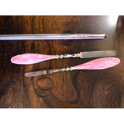 299 - Silver mounted and pink enamel dressing table set, with cut glass dressing table set