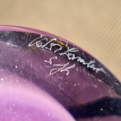 265 - An art glass purple ground double-cased vase with blue and green decoration, signature to base, poss... 