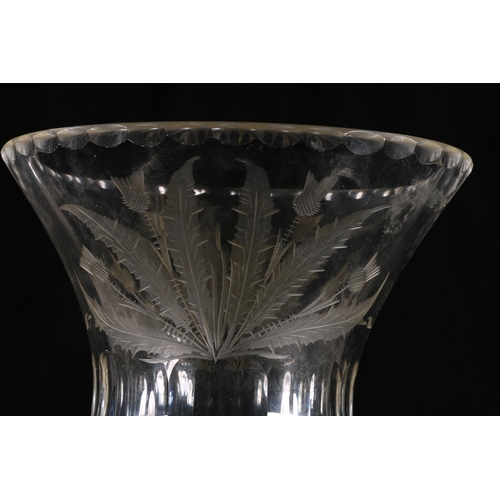 385 - Edinburgh Crystal thistle shaped cut glass vase with etched thistle design, hobnail cut body, signat... 