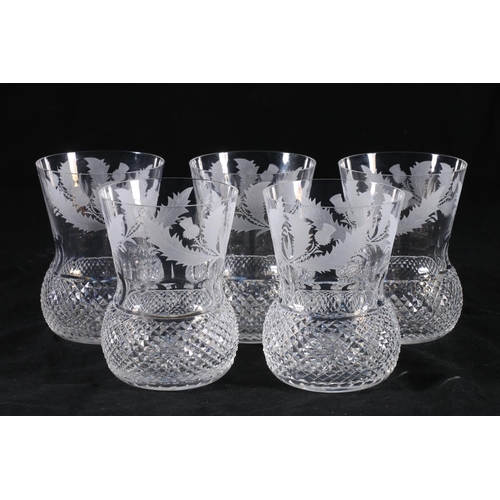 388 - Set of five Edinburgh Crystal thistle shaped drinking glasses with etched thistle pattern, having ho... 