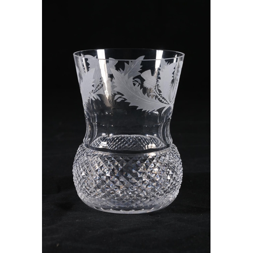 388 - Set of five Edinburgh Crystal thistle shaped drinking glasses with etched thistle pattern, having ho... 