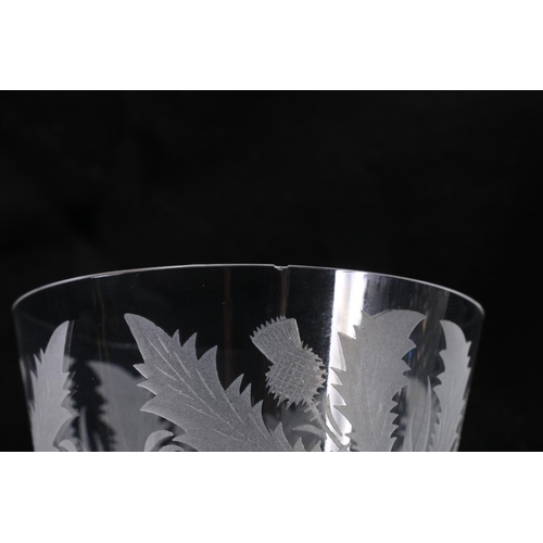 388 - Set of five Edinburgh Crystal thistle shaped drinking glasses with etched thistle pattern, having ho... 