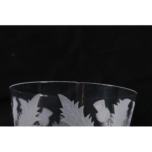 388 - Set of five Edinburgh Crystal thistle shaped drinking glasses with etched thistle pattern, having ho... 