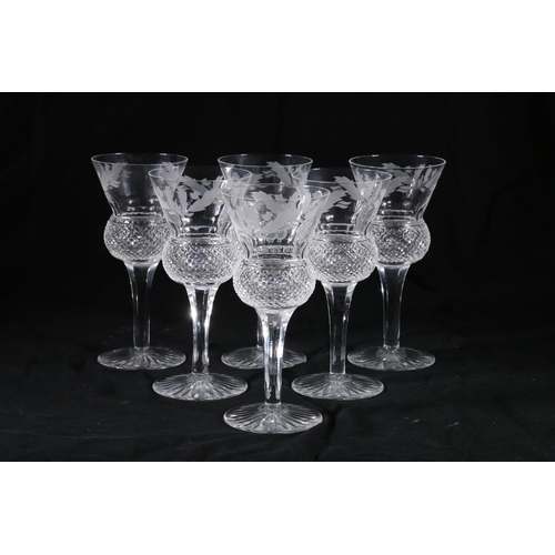 391 - Set of six Edinburgh Crystal thistle pattern white wine glasses having thistle shaped bowls with etc... 