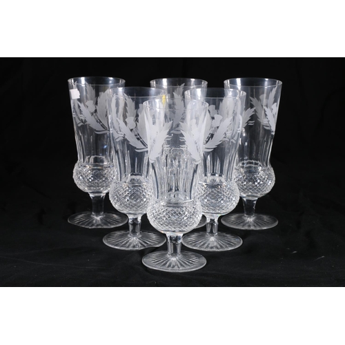 393 - Set of six Edinburgh Crystal thistle pattern stem glasses having thistle shaped bowls with etched th... 