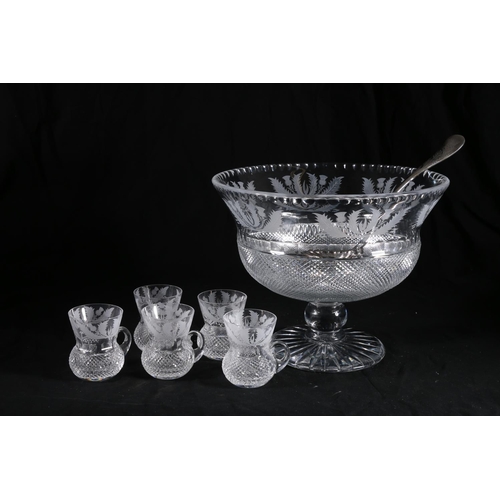 396 - Large Edinburgh Crystal punch bowl of thistle shape with etched thistle pattern, having hobnail cut ... 