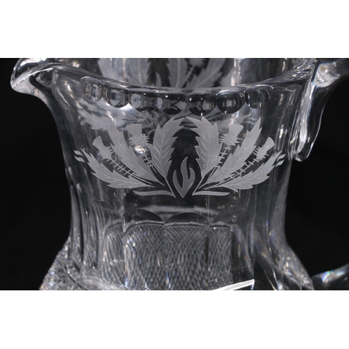 397 - Graduated set of three Edinburgh Crystal thistle pattern jugs of thistle shape with hobnail cut bodi... 