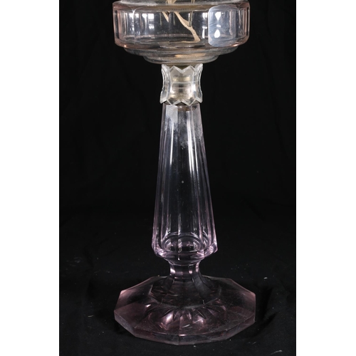 401 - Antique glass oil lamp having amethyst hued glass base and reservoir, with Hinks's No2 Duplex wick w... 