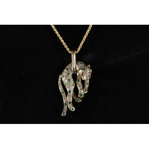 172 - 14ct yellow gold panther pendant set with diamonds, rubies and Columbian emeralds, 7g, on Italian 14... 