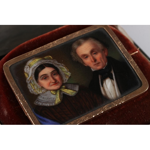 176 - Yellow metal mounted porcelain brooch painted with a portrait of a lady and a gentleman, the lady in... 