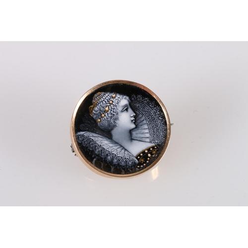 177 - Gold mounted circular enamel painted brooch depicting a young lady wearing elaborate lace collar, 2.... 