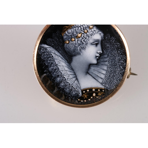 177 - Gold mounted circular enamel painted brooch depicting a young lady wearing elaborate lace collar, 2.... 