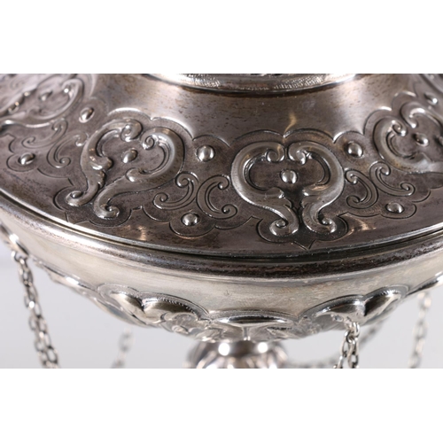 35 - Victorian silver prize cup and cover, the lid with horse finial, raised on stem with four masks, mak... 