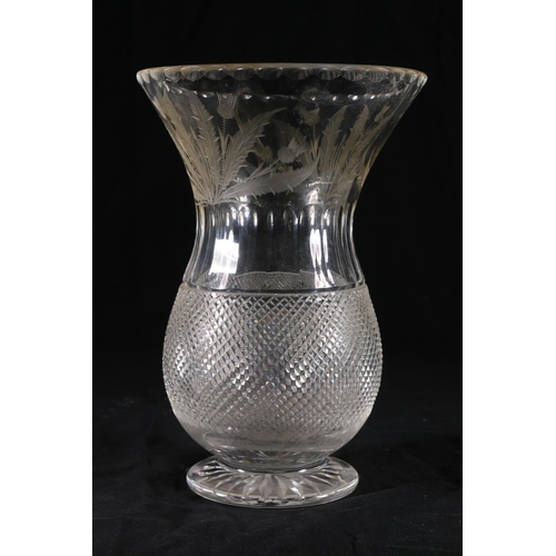 385 - Edinburgh Crystal thistle shaped cut glass vase with etched thistle design, hobnail cut body, signat... 