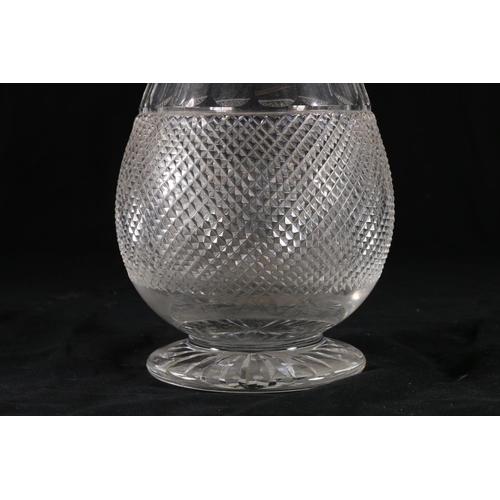 385 - Edinburgh Crystal thistle shaped cut glass vase with etched thistle design, hobnail cut body, signat... 