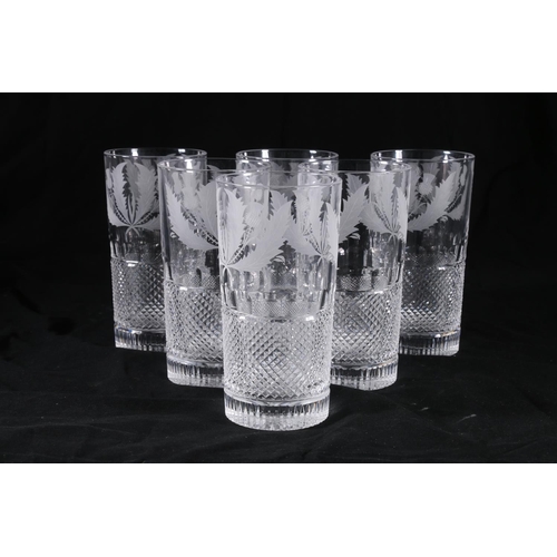 389 - Set of six Edinburgh Crystal highball tall tumbler glasses with etched thistle pattern, having hobna... 