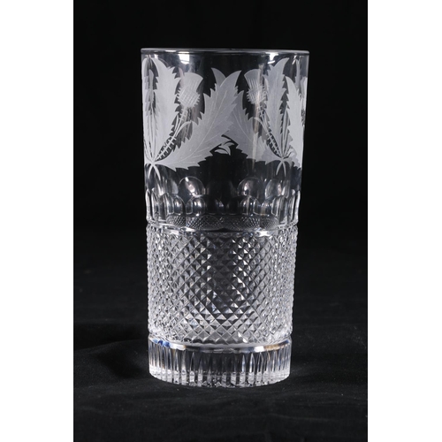 389 - Set of six Edinburgh Crystal highball tall tumbler glasses with etched thistle pattern, having hobna... 