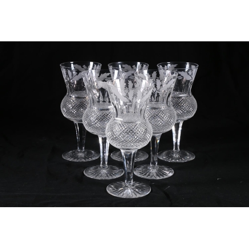 390 - Set of six Edinburgh Crystal thistle pattern tall wine glasses having thistle shaped bowls with etch... 