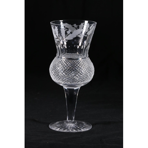 390 - Set of six Edinburgh Crystal thistle pattern tall wine glasses having thistle shaped bowls with etch... 