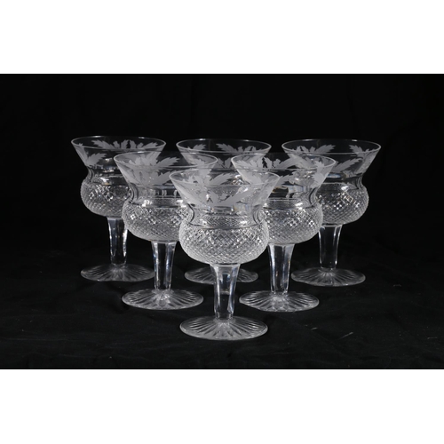 392 - Set of six Edinburgh Crystal thistle pattern glasses having thistle shaped bowls with etched thistle... 