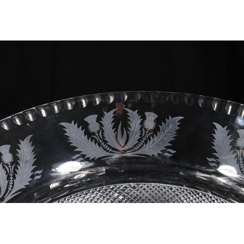 396 - Large Edinburgh Crystal punch bowl of thistle shape with etched thistle pattern, having hobnail cut ... 