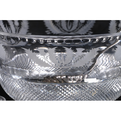 396 - Large Edinburgh Crystal punch bowl of thistle shape with etched thistle pattern, having hobnail cut ... 