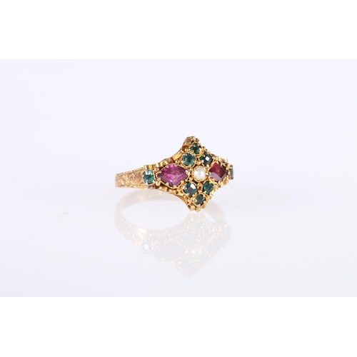 185 - Victorian 15ct gold gem set dress ring, the central pearl flanked by two lozenge shaped rubies and e... 