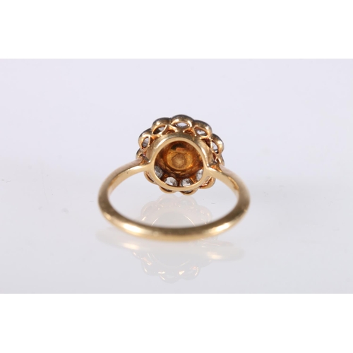 193 - 18t gold dress ring set with central baroque pearl encircled by 11 round cut diamonds, ring size M, ... 