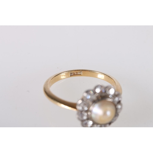 193 - 18t gold dress ring set with central baroque pearl encircled by 11 round cut diamonds, ring size M, ... 