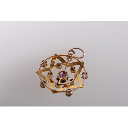 194 - 9ct gold amethyst and pearl pendant of star form, 2.2cm diameter, 1.7g gross and a watch guard, the ... 