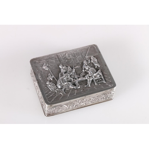 44 - Dutch 833 grade silver table snuff box, the rectangular top with repoussé relief scene depict... 