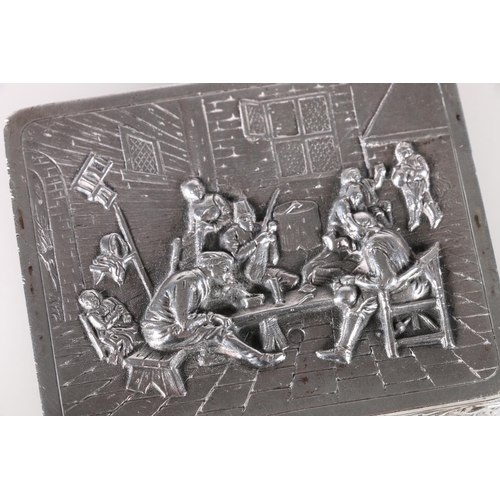 44 - Dutch 833 grade silver table snuff box, the rectangular top with repoussé relief scene depict... 