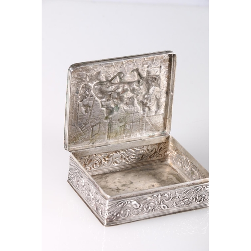 44 - Dutch 833 grade silver table snuff box, the rectangular top with repoussé relief scene depict... 