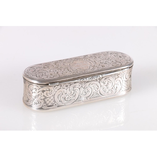 45 - Victorian antique parcel gilt silver snuff box of stadium shape, the engraved top decorated with scr... 