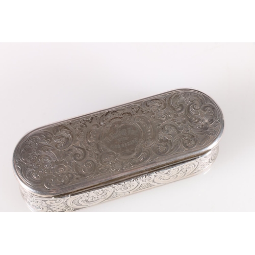 45 - Victorian antique parcel gilt silver snuff box of stadium shape, the engraved top decorated with scr... 