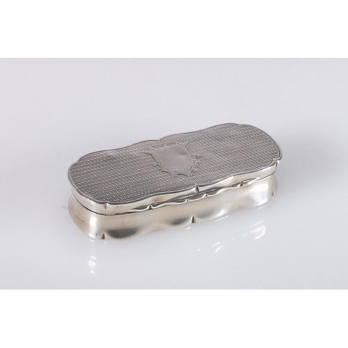 46 - Victorian antique silver snuff box of stadium shape with serpentine border, all over engine turned d... 