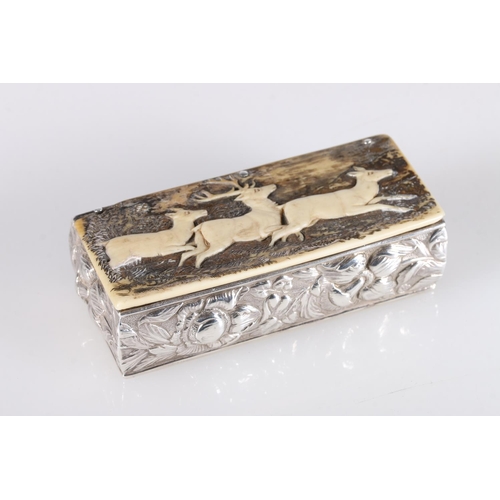 48 - Continental silver hunting snuff box of rectangular shape, the carved horn cover decorated with stag... 