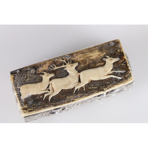 48 - Continental silver hunting snuff box of rectangular shape, the carved horn cover decorated with stag... 