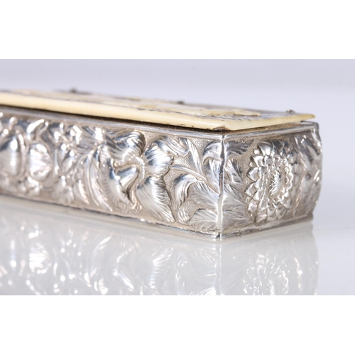 48 - Continental silver hunting snuff box of rectangular shape, the carved horn cover decorated with stag... 