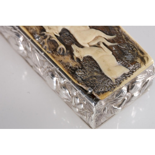 48 - Continental silver hunting snuff box of rectangular shape, the carved horn cover decorated with stag... 