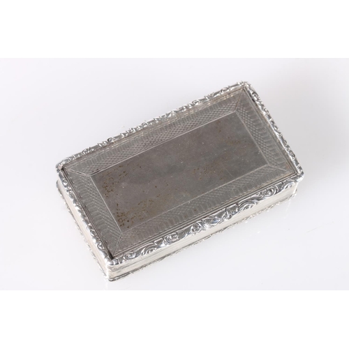 49 - Victorian antique parcel gilt silver snuff box or rectangular form, the plain centre framed by engin... 