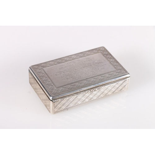 52 - Victorian antique silver snuff box of rectangular form, engraved with all over simulated tartan cheq... 