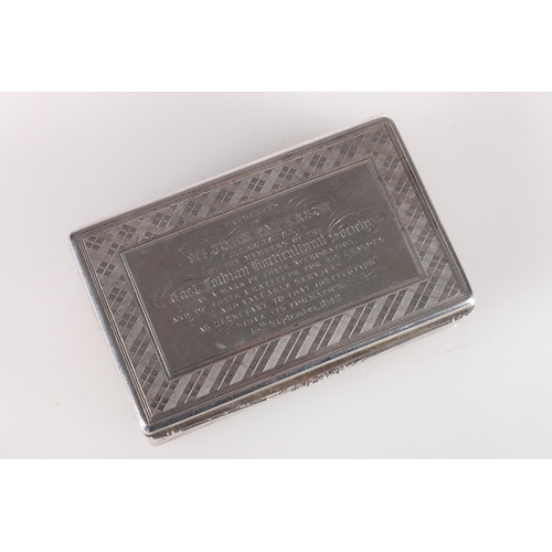 52 - Victorian antique silver snuff box of rectangular form, engraved with all over simulated tartan cheq... 