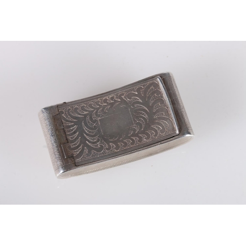 54 - Georgian antique silver pocket snuff box of curved C scroll shape, decorated with all over engraved ... 