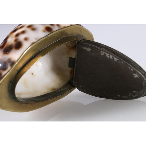 56 - Antique brass mounted cowrie shell snuff box, 8cm x 5.5cm x 4cm.